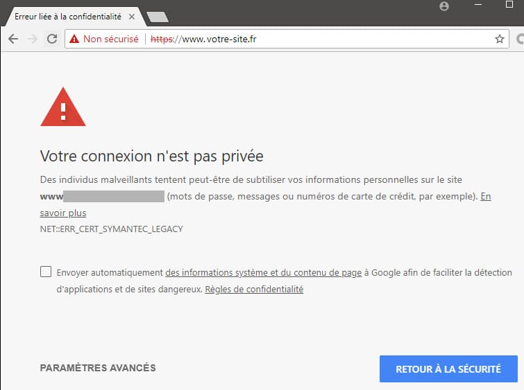 Site web au certificat HTTPS désavoué dans Google Chrome