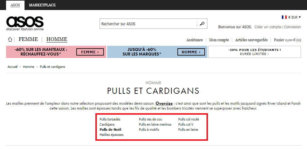 Asos : un exemple de pages dédiées