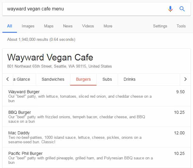 Menu de restaurant dans les résultats de Google