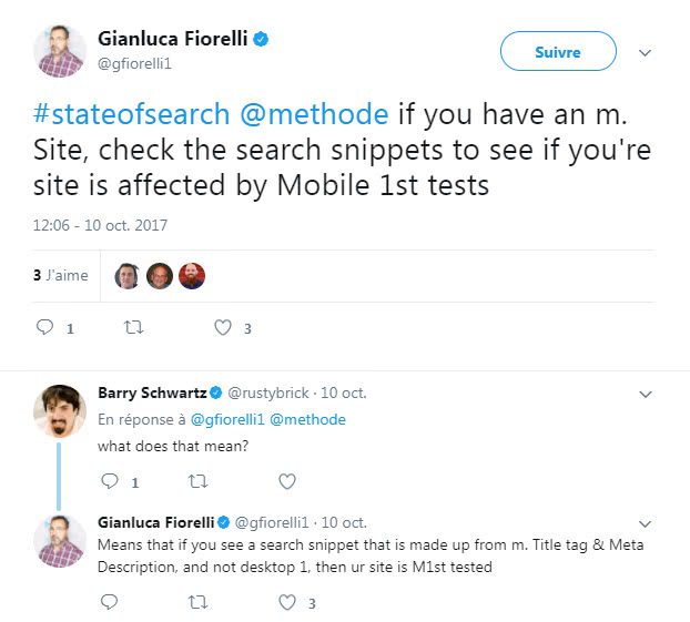 Echanges entre Gianluca Fiorelli et Barry Schwartz sur twitter entre et sur l'Index Mobile First