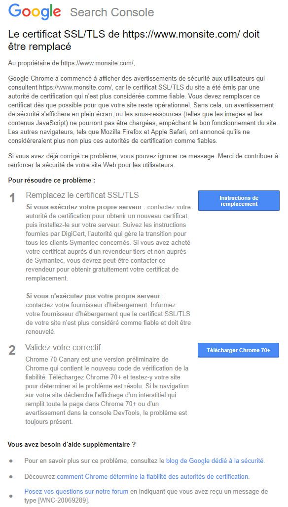 Message dans la Search Console : remplacez votre certificat SSL