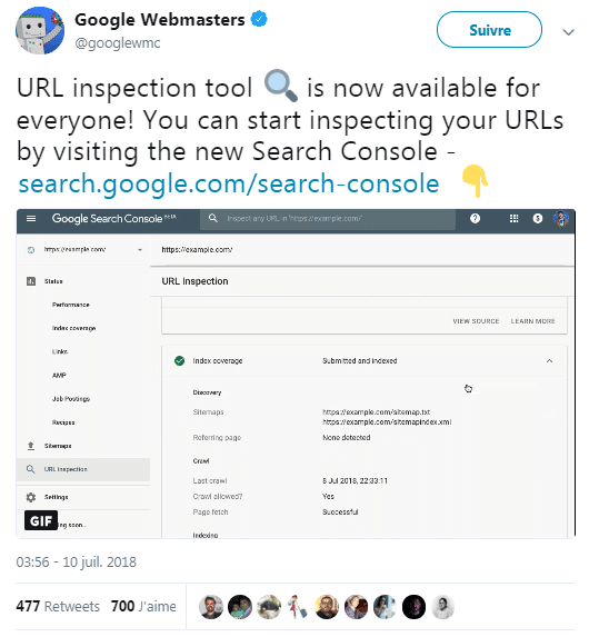 Tweet Google sur la fonctionnalité d'inspection d'url dans la Search Console