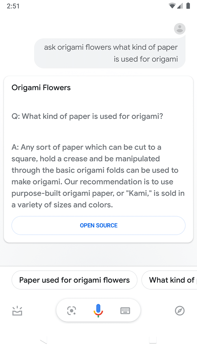 affichage sur l'interface des assistants vocaux d'une page FAQ sur l'origami