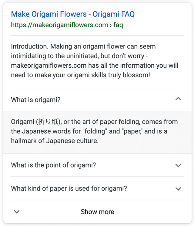 exemple d'un résultat enrichi FAQ sur l'origami