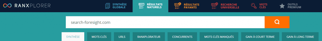 Menu fonctionnalités de l'outil SEO Ranxplorer