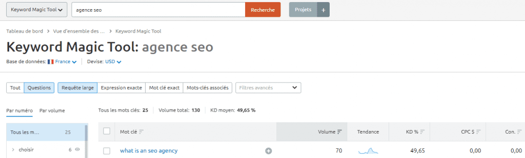 Fonctionnalité Keyword Magic Tool sur la plateforme SEO SEMrush (questions liées)