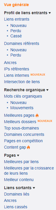 Menu de l'outil SEO ahrefs