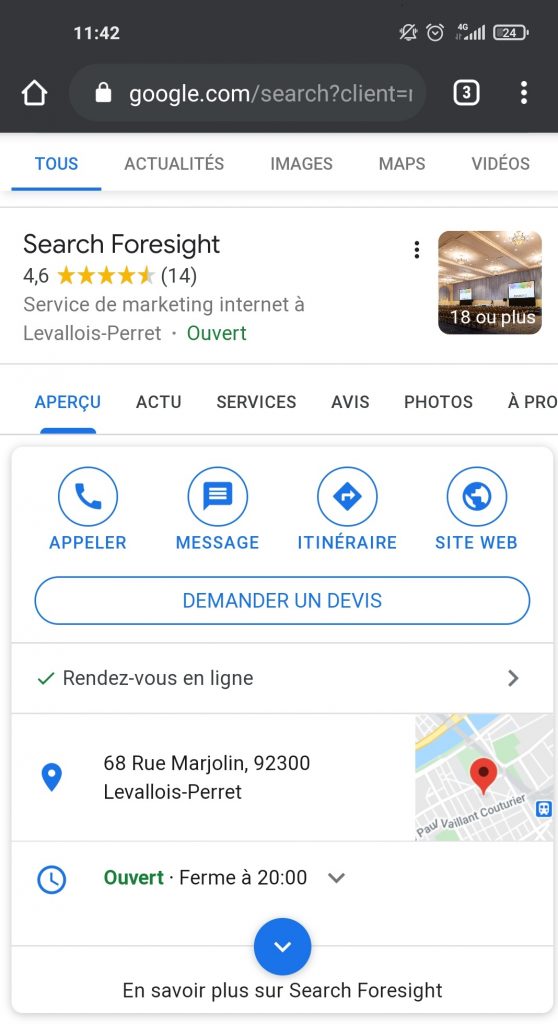 Fiche Google My Business de l'agence SEO Search Foresight de Levallois-Perret