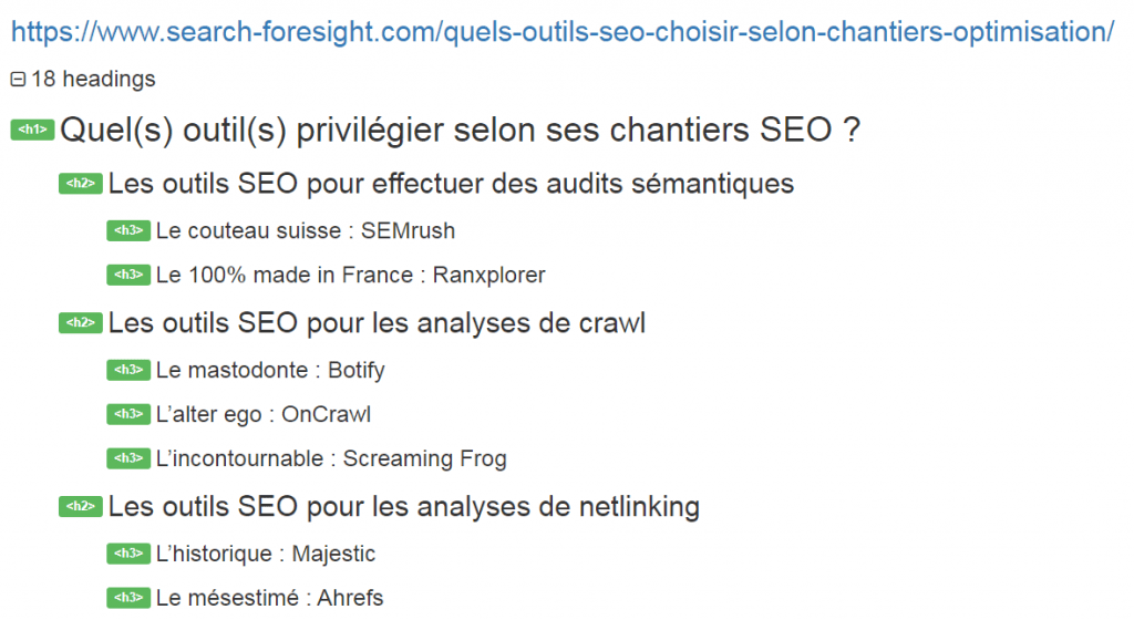 Capture d'écran balisage heading de l'article de blog Search Foresight "Quels outils seo choisir ?"