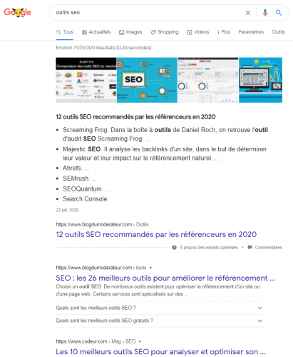Capture d'écran SERP Google sur la requête "outils seo"