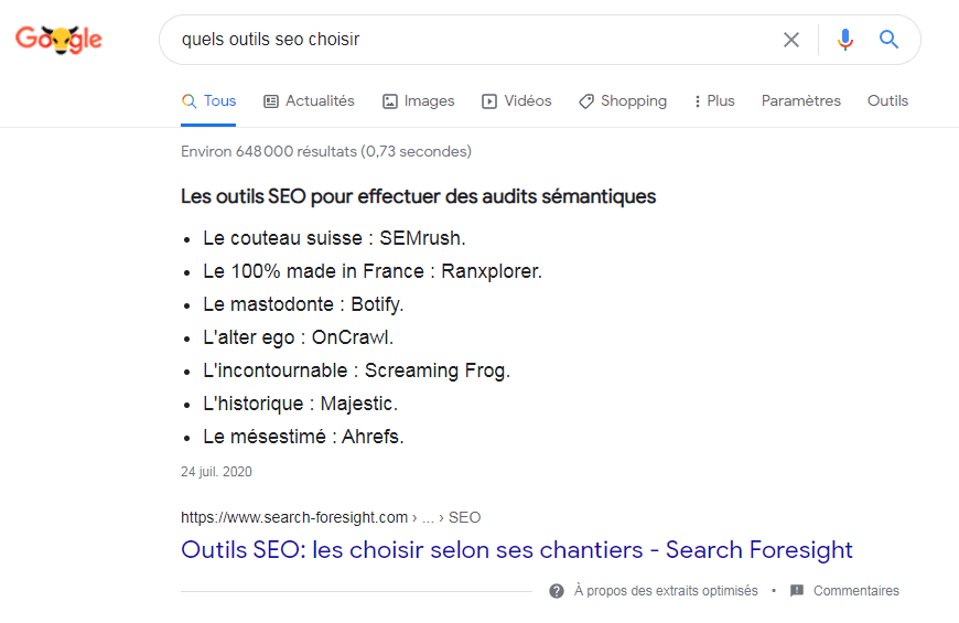 Capture d'écran SERP Google sur la requête "quels outils seo choisir"